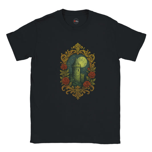 Black t-shirt with a decorative design of a castle and roses on a white background