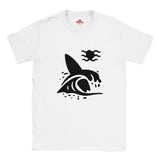 White T-shirt with a black graphic design of a Surfboard and a wave on a white background