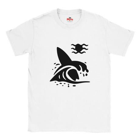 White T-shirt with a black graphic design of a Surfboard and a wave on a white background