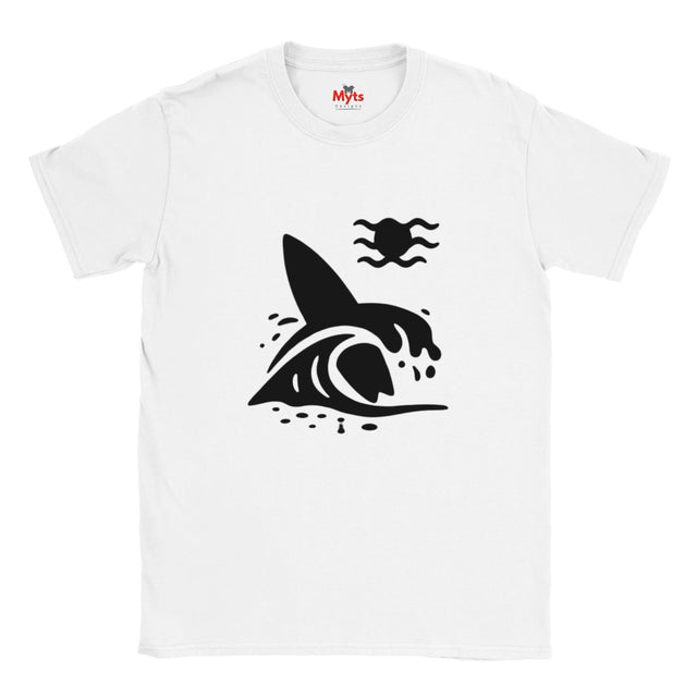 White T-shirt with a black graphic design of a Surfboard and a wave on a white background
