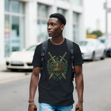 Man wearing a black T-shirt with an embroidered-style design of a green shield featuring a gold crown, flanked by crossed swords and laurel leaves—regal, medieval-inspired graphic centered on the chest.