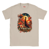 Natural cream T-shirt with colourful Unbound Dreams fantasy floral artwork and a woman in a flowing dress.
