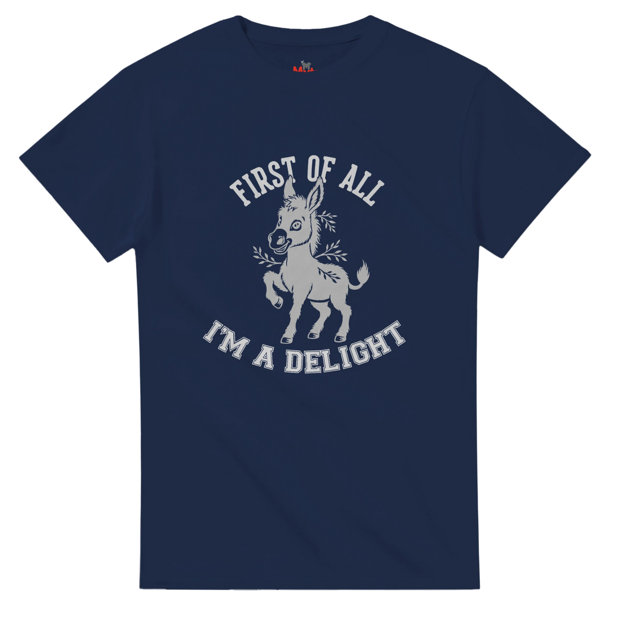 Navy blue t-shirt with white graphic and text on a transparent background