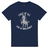 Navy blue t-shirt with white graphic and text on a transparent background