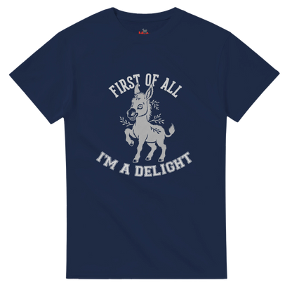 Navy blue t-shirt with white graphic and text on a transparent background
