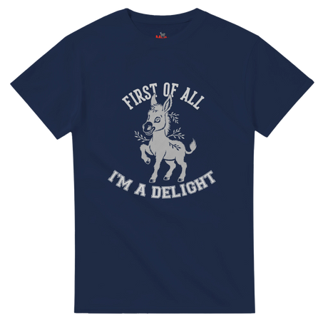 Navy blue t-shirt with white graphic and text on a transparent background