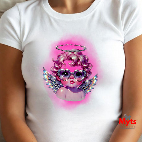 White t-shirt with a colorful angel graphic design on a person wearing it.