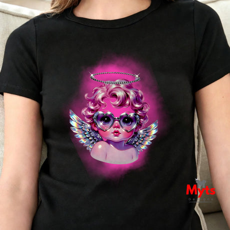 Black t-shirt with a colorful graphic design of an angelic figure with wings and a halo.