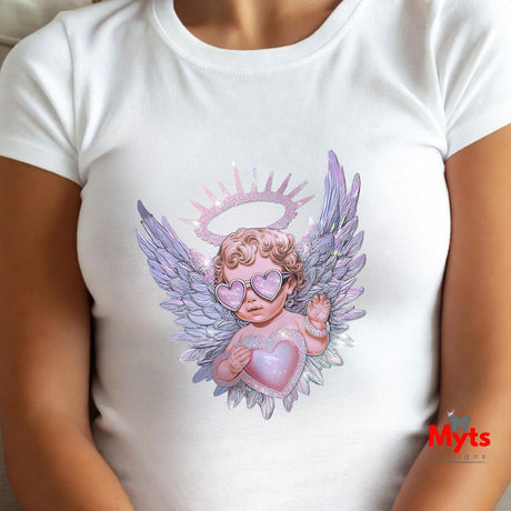 White t-shirt with an angel design holding a heart, wearing sunglasses, on a person.