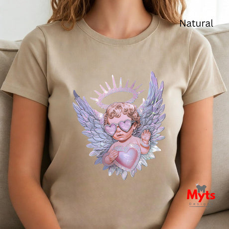 Natural (Beige) t-shirt with an angel graphic and 'Myst' logo on a neutral background