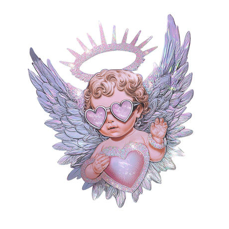 Illustration of an angel with heart-shaped sunglasses and a pink heart on a white background