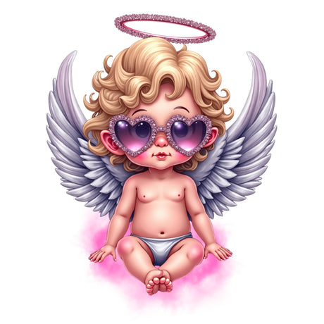Illustration of a baby angel with wings, heart-shaped glasses, and a pink halo on a white background.