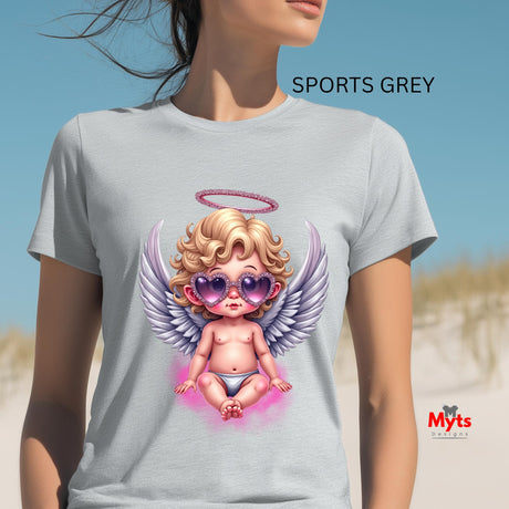 Gray t-shirt with a cartoon character design on a beach