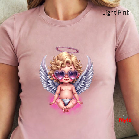 Light pink t-shirt with an angel graphic and 'Myis' branding.