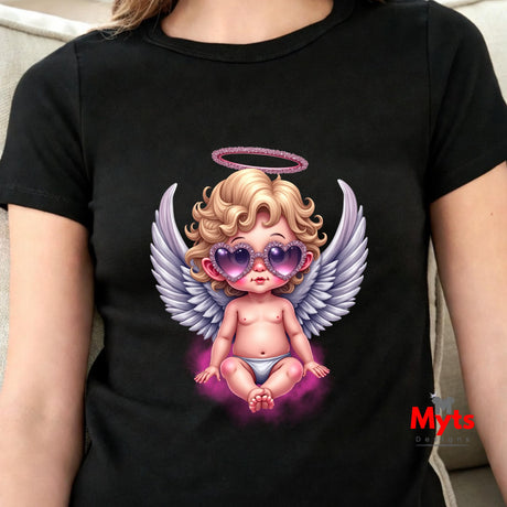 Black t-shirt with a cartoon angel design featuring wings and sunglasses, worn by a person.