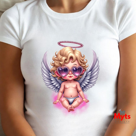 White t-shirt with a cartoon angel design featuring wings and a halo, worn by a person.