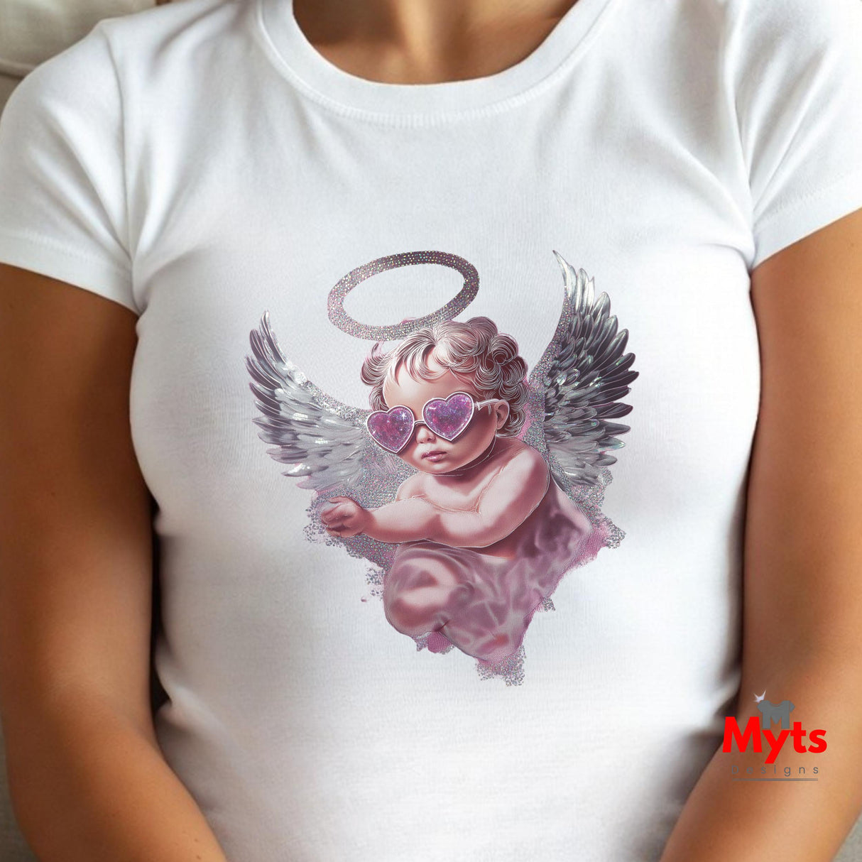 Angel Cherub Graphic Tee – Glitter Wings & Heart Sunglasses | Mytsdesigns