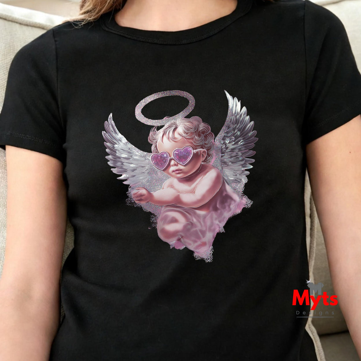 Angel Cherub Graphic Tee – Glitter Wings & Heart Sunglasses | Mytsdesigns