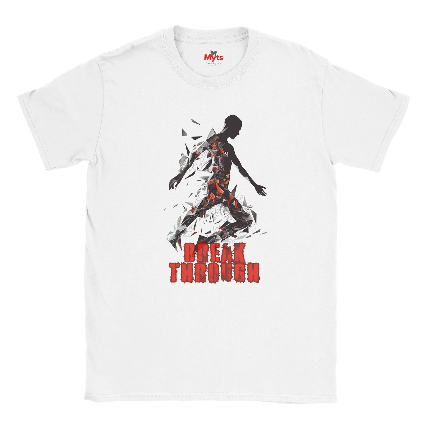 White t-shirt Flat lay, human figure breaking through, Bold script "Break Through."
