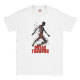 White t-shirt Flat lay, human figure breaking through, Bold script "Break Through."