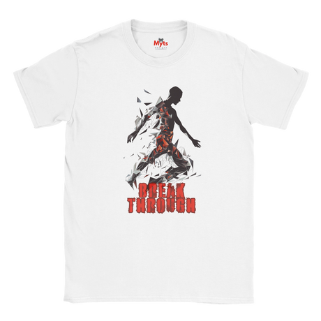 White t-shirt Flat lay, human figure breaking through, Bold script "Break Through."