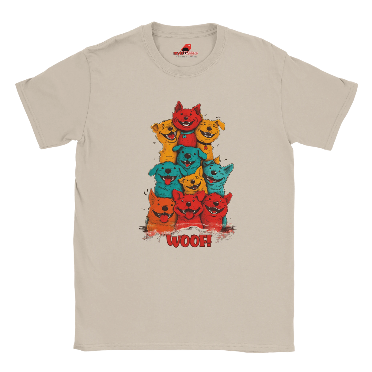 A flat lay neutral T-shirt featuring a vibrant graphic of cartoon puppies stacked in red, orange, blue, and yellow hues, with the playful text “WOOF!” below the design.