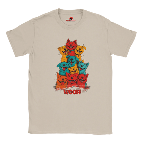 A flat lay neutral T-shirt featuring a vibrant graphic of cartoon puppies stacked in red, orange, blue, and yellow hues, with the playful text “WOOF!” below the design.