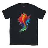 Black t-shirt with a colorful abstract design on a white background