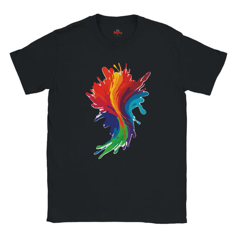 Black t-shirt with a colorful abstract design on a white background