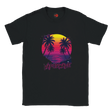 Vaporwave sunset palm tree graphic T-shirt with retro synthwave design on black unisex tee