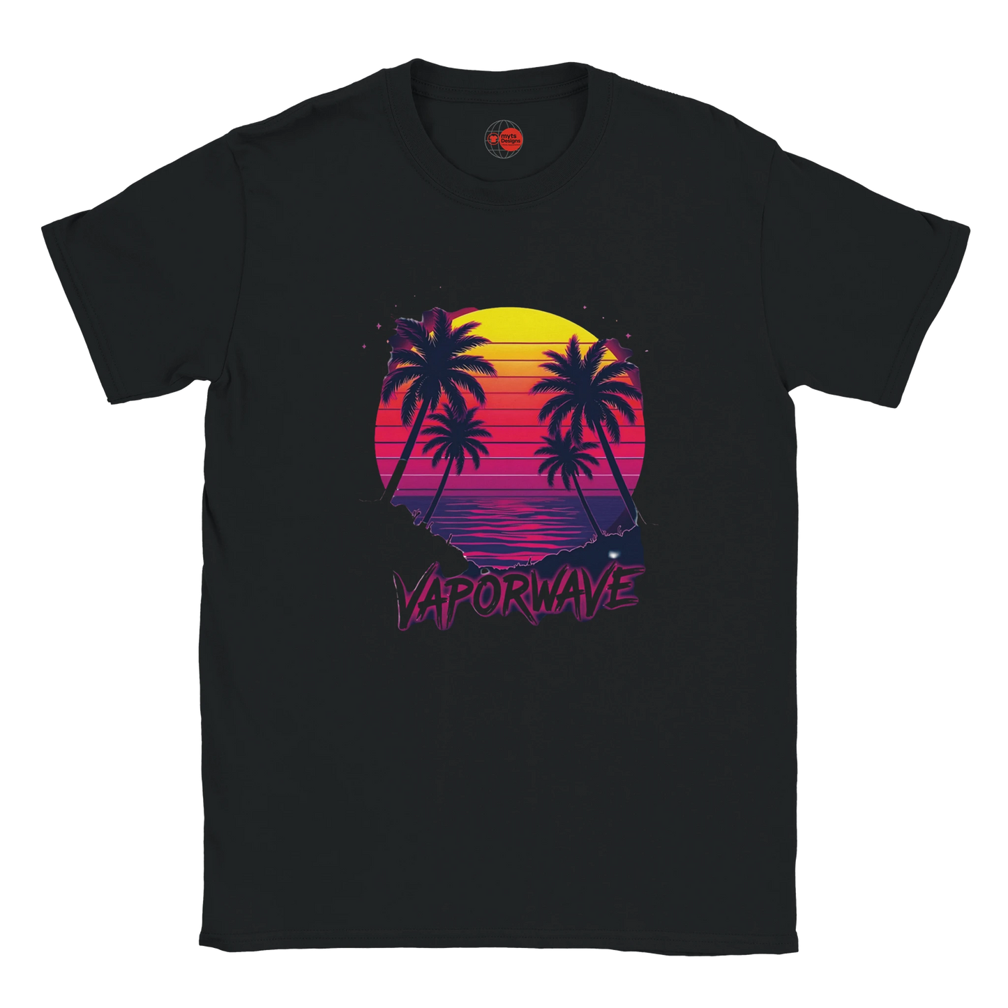 Vaporwave sunset palm tree graphic T-shirt with retro synthwave design on black unisex tee