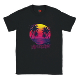 Vaporwave sunset palm tree graphic T-shirt with retro synthwave design on black unisex tee