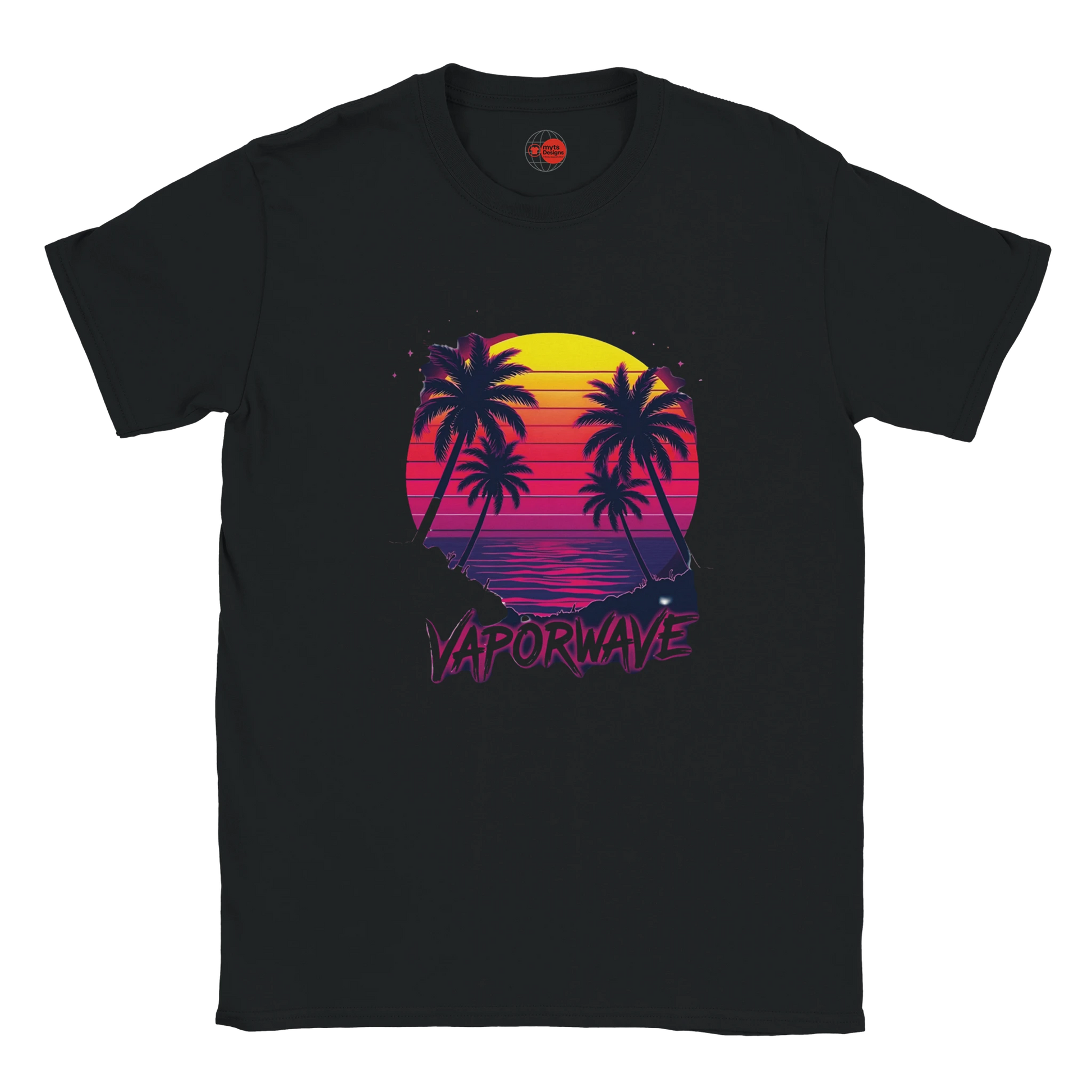 Vaporwave sunset palm tree graphic T-shirt with retro synthwave design on black unisex tee