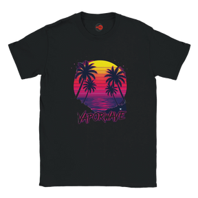 Vaporwave sunset palm tree graphic T-shirt with retro synthwave design on black unisex tee