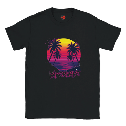 Vaporwave sunset palm tree graphic T-shirt with retro synthwave design on black unisex tee