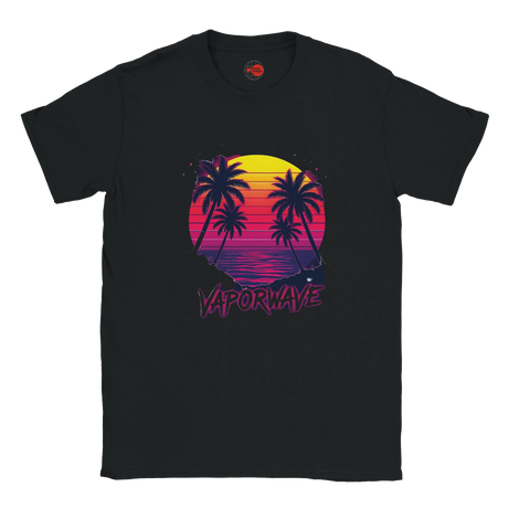 Vaporwave sunset palm tree graphic T-shirt with retro synthwave design on black unisex tee