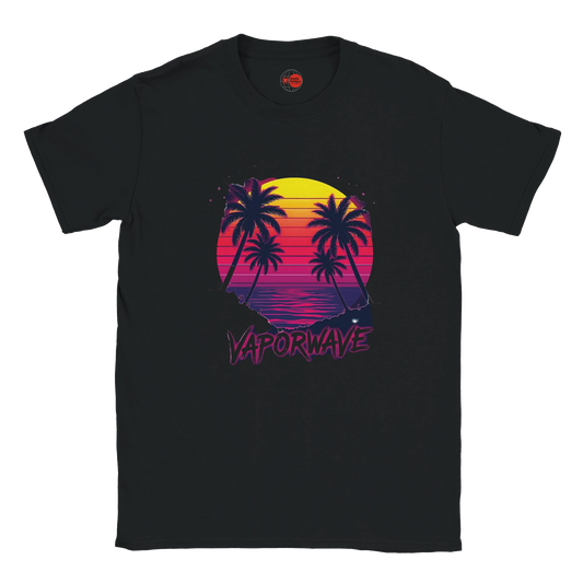 Vaporwave sunset palm tree graphic T-shirt with retro synthwave design on black unisex tee