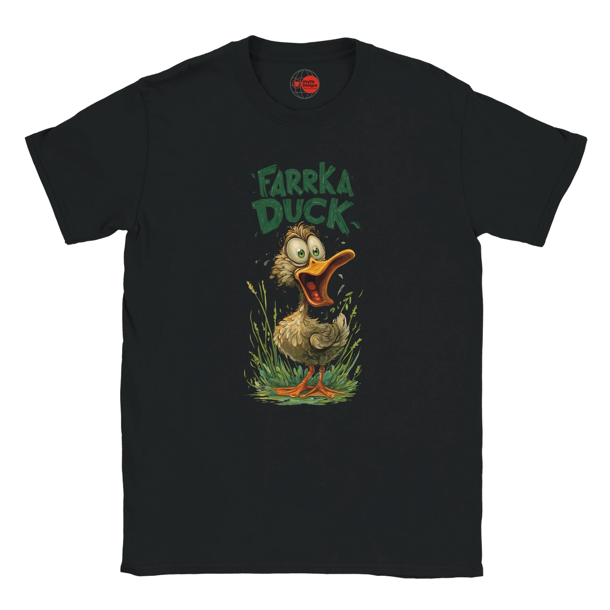 Black t-shirt with a cartoon duck graphic and 'Farrka Duck' text on a white background