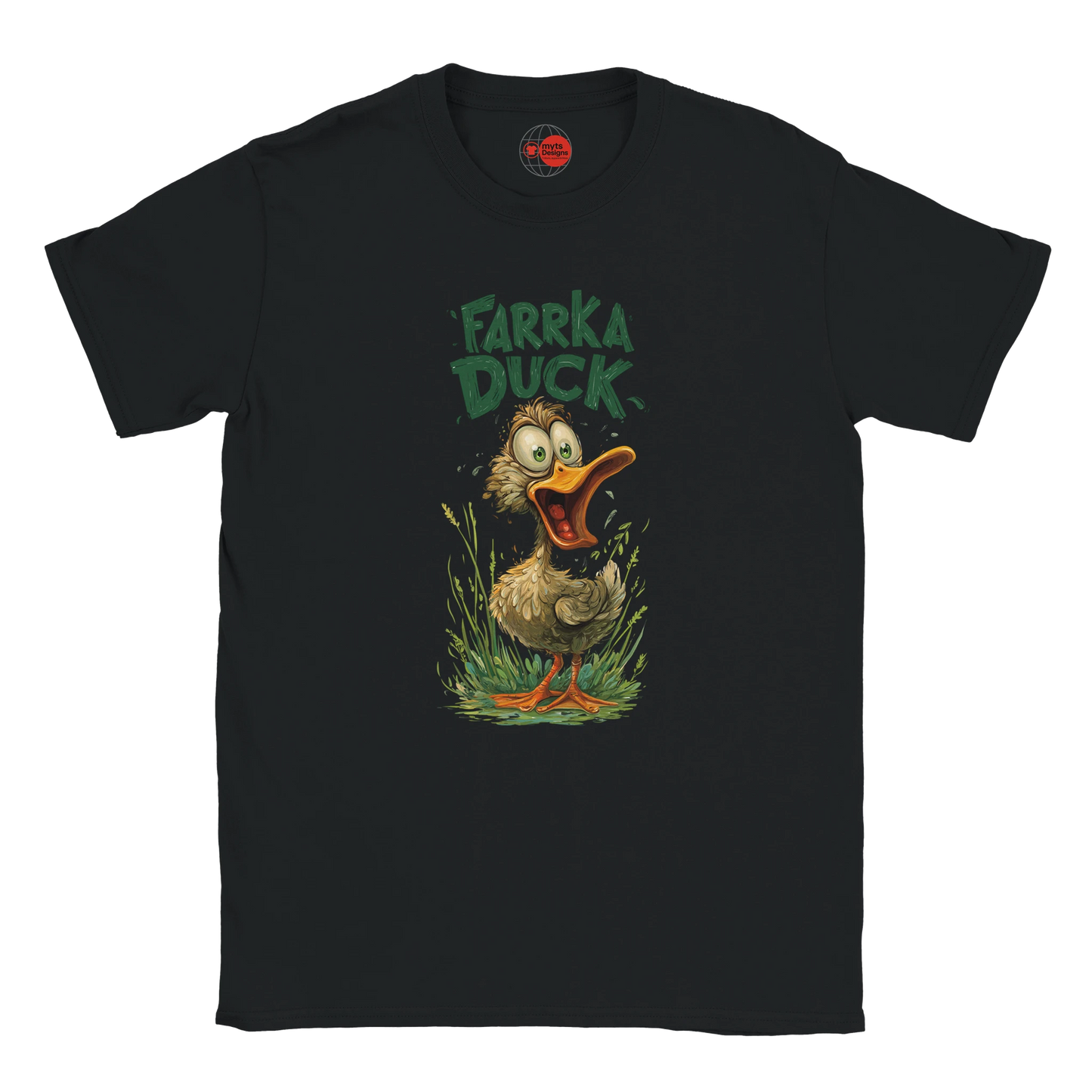 Black t-shirt with a cartoon duck graphic and 'Farrka Duck' text on a white background