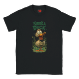 Black t-shirt with a cartoon duck graphic and 'Farrka Duck' text on a white background