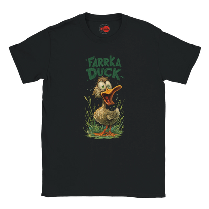 Black t-shirt with a cartoon duck graphic and 'Farrka Duck' text on a white background