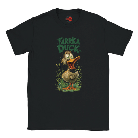Black t-shirt with a cartoon duck graphic and 'Farrka Duck' text on a white background
