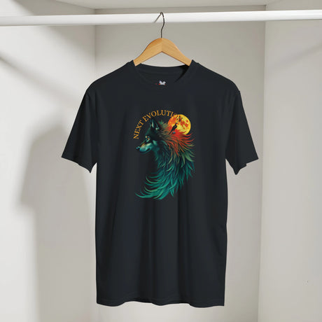 A black short-sleeve t-shirt hanging on a wooden hanger against a light gray wall. The shirt features a colorful graphic of a wolf's head in profile with teal, green, and orange details, set against a yellow full moon, with the text 'NEW EVOLUTION' arched above it.