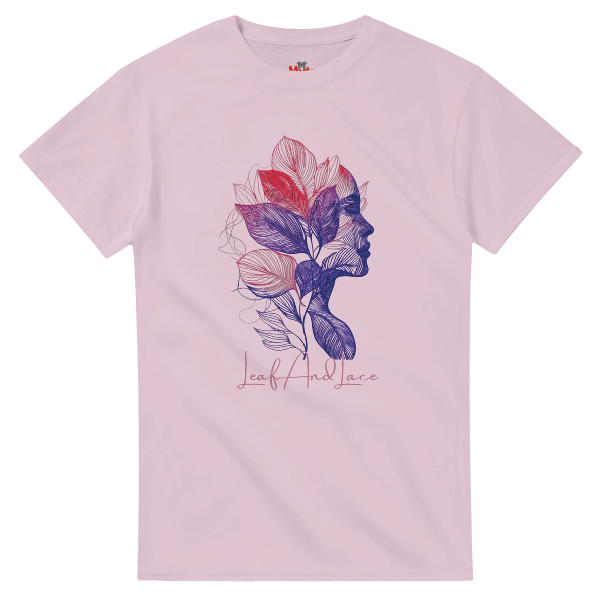Pink t-shirt with a colorful leaf and face design on a white background
