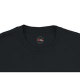 Black t-shirt with a logo on the chest area against a white background