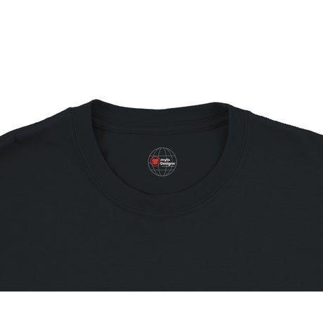 Black t-shirt with a logo on the chest area against a white background