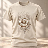 Studio shot of a Natural coloured Unbound Nautilus graphic T-shirt with ivory spiral seashell, botanical leaves and geometric line art.