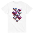 White t-shirt with colorful heart-shaped balloons design on a white background