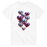 White t-shirt with colorful heart-shaped balloons design on a white background