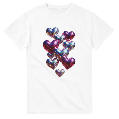 White t-shirt with colorful heart-shaped balloons design on a white background